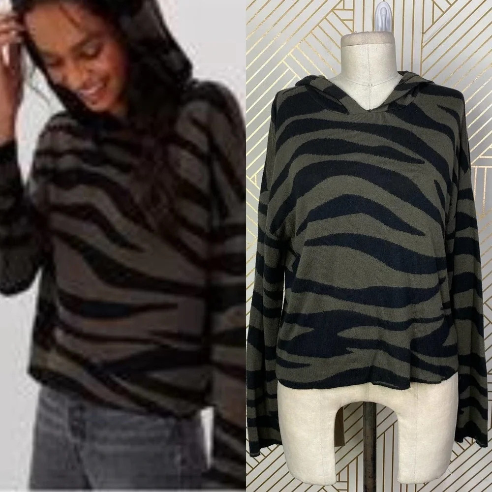 Anthropologie Kasia Hoodie Sweater Zebra Stripe Knit Acrylic Green Black Size XS